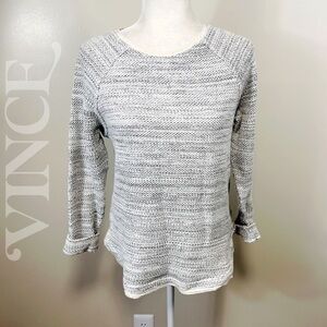 VINCE Heather Gray Woven Knit Cream Silk Trim Long Sleeve Sweater- SMALL